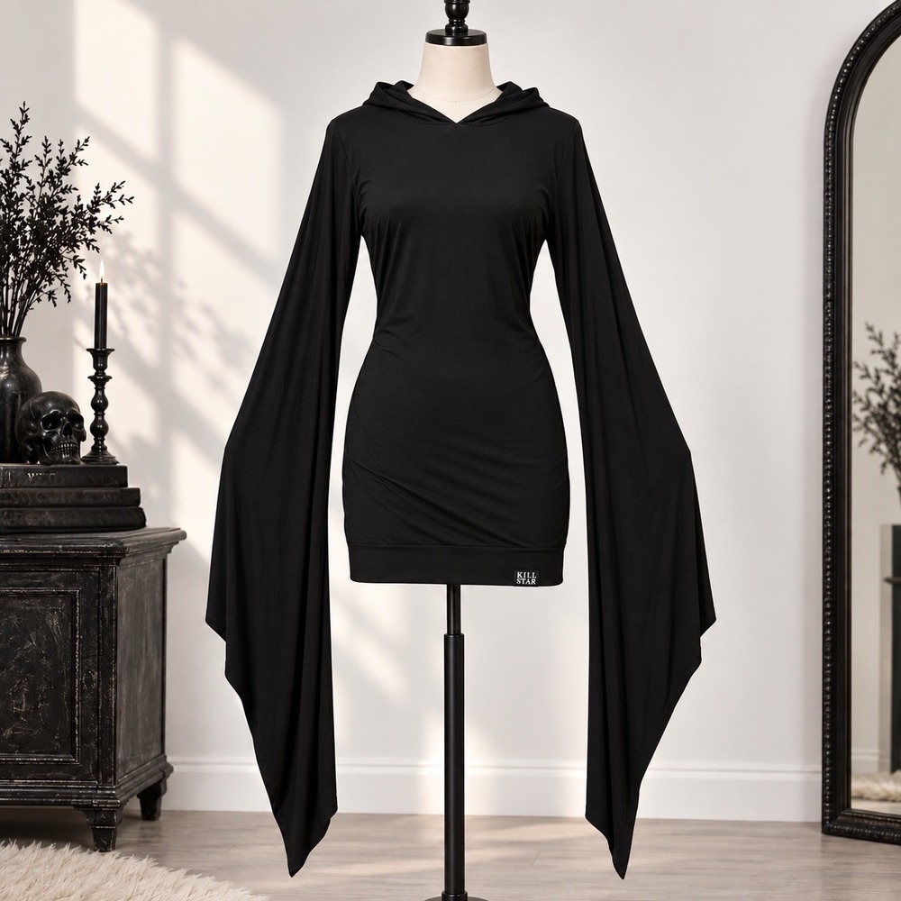 KILLSTAR Sorcery Hood Dress L Occult Luxe Black Goth Witchy Hooded Draped Sleeve